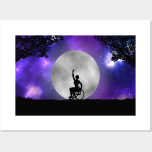 Disabled wheelchair user ballerina dancing before a full moon and galaxy Posters and Art